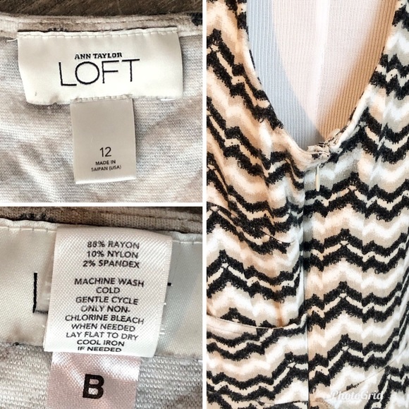 Loft Sleeveless Chevron Print Black Tan Knit Dress, Size 12 - Picture 8 of 8